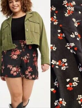 Torrid Black Red Hearts Floral Print Pull On High Rise Flowy Shorts SZ 10‎ Boho